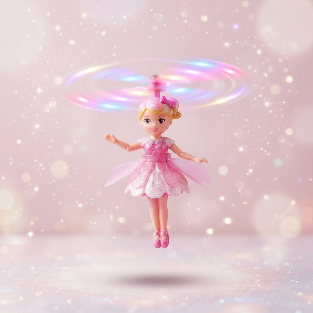 Mainan peri terbang pink dengan lampu LED melayang di udara